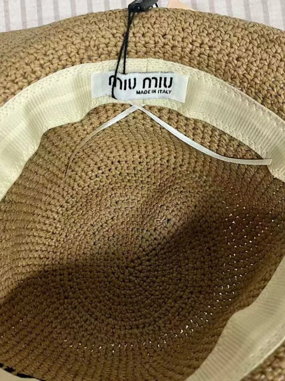 Miu Miu Logo Embroidered Wide Brim Straw Bucket Hat